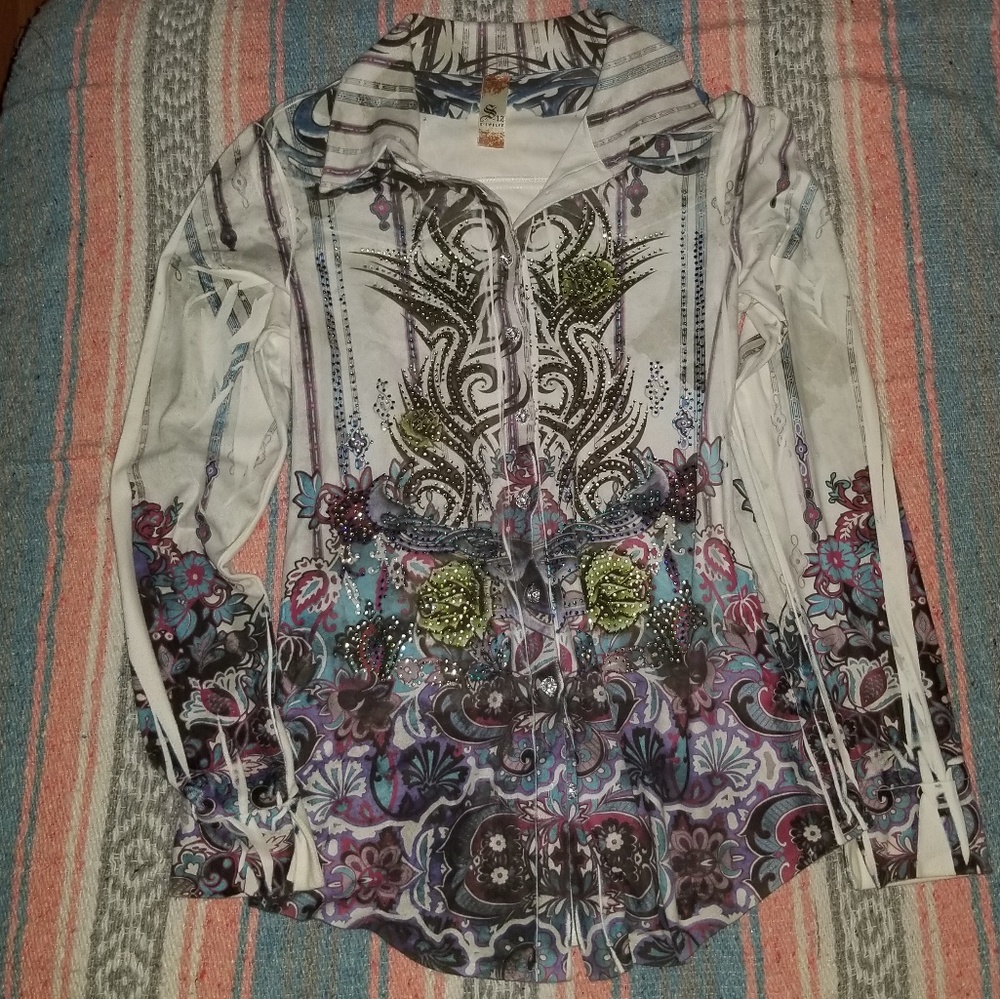 Embellished floral and tribal tattoo shirt